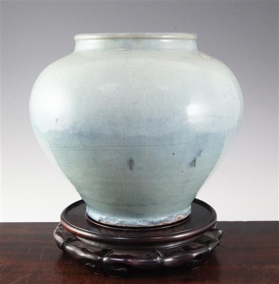 A Chinese numbered Jun type high shouldered jar, 18th century or earlier, height 26cm, diameter 30cm, faults